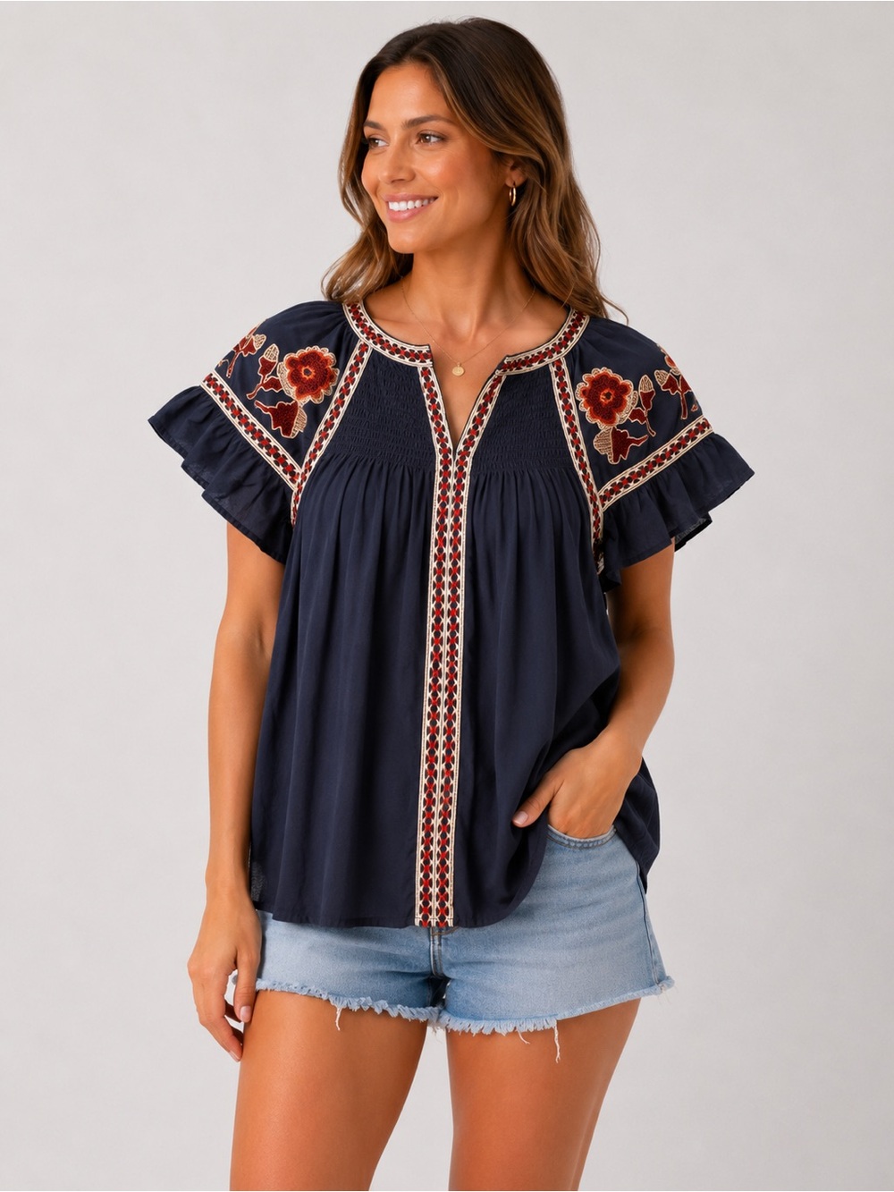 Allison Embroidered Navy Floral Ruffle Sleeve Top